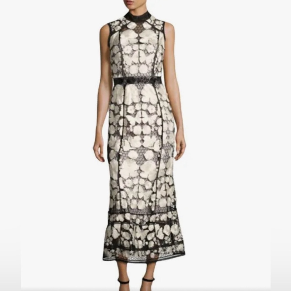 Marchesa Notte Black and White embroider and lace midi dress